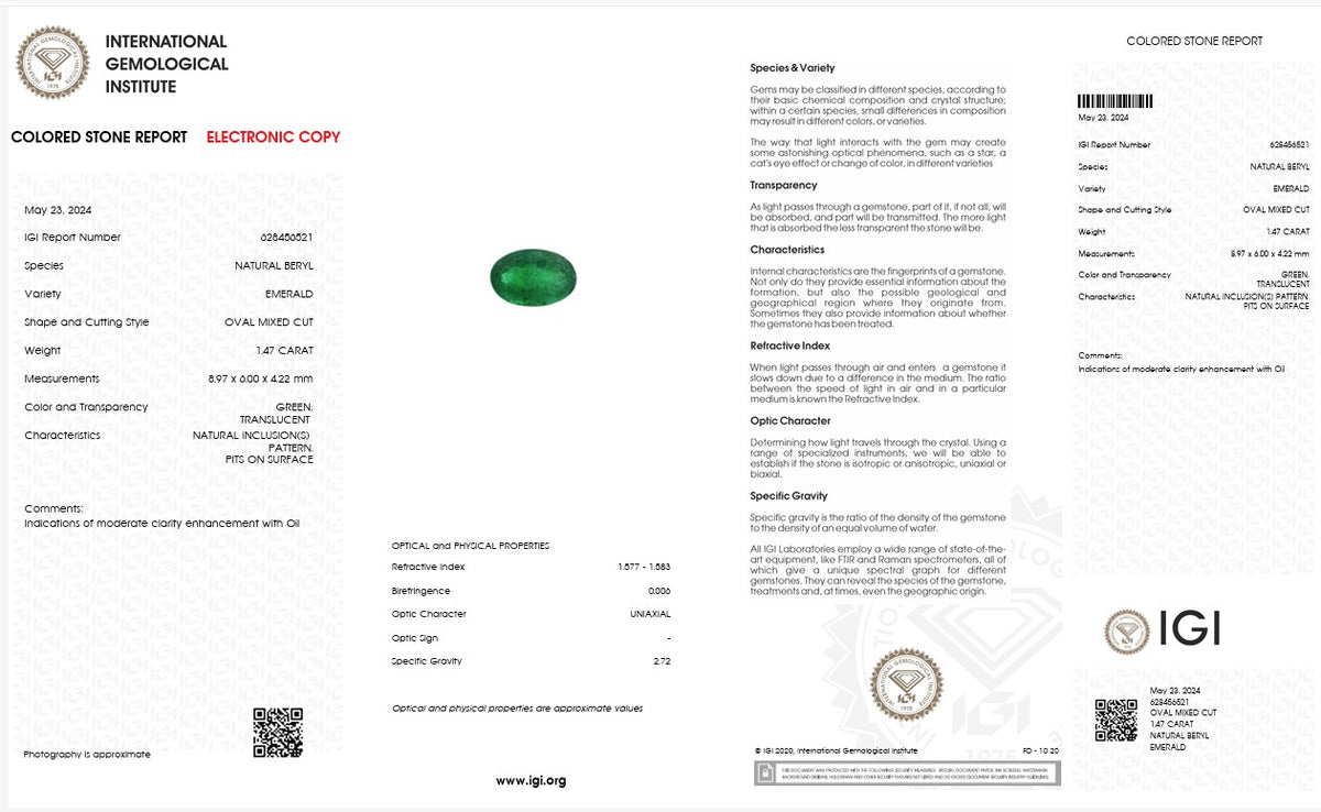 IGI Certified Natural Emerald | 1.47 Carats Oval Mixed Cut | Fine Green Gemstone-Saleh Sallom