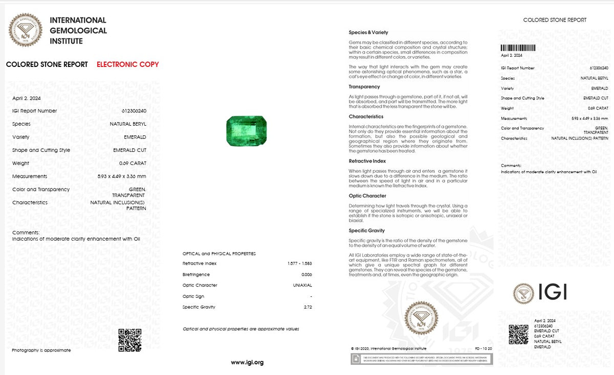 IGI Certified Natural Emerald | 0.69 Carat Emerald Cut | Fine Green Gemstone-Saleh Sallom