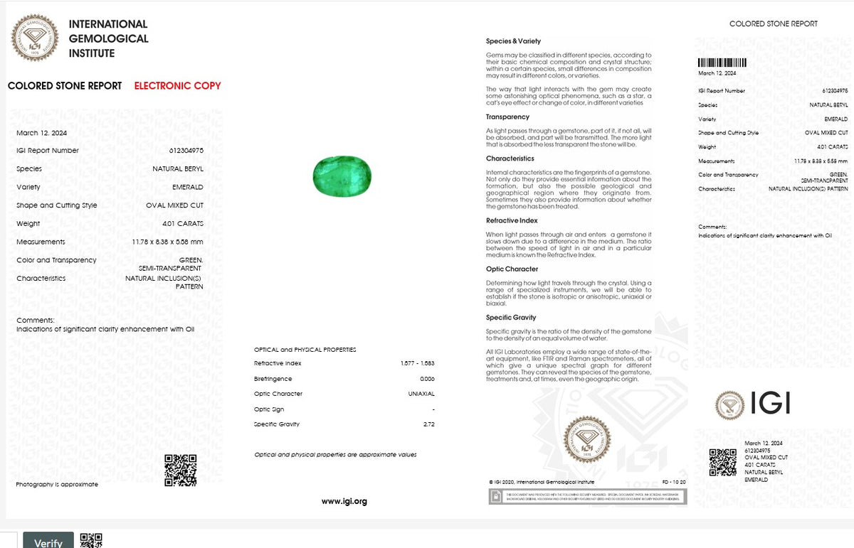 IGI Certified Natural Emerald | 4.01 Carats Oval Mixed Cut | Collector’s Fine Gemstone-Saleh Sallom