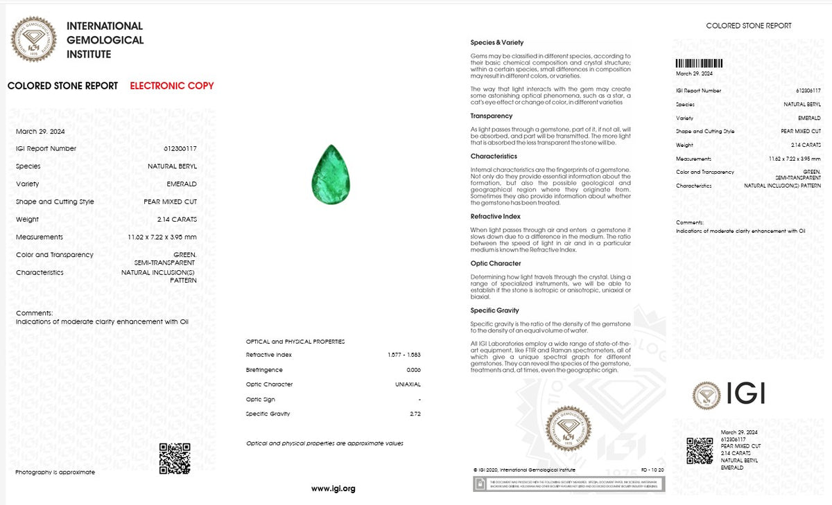 IGI Certified Natural Emerald | 2.14 Carats Pear Mixed Cut | Elegant Collector Gemstone-Saleh Sallom