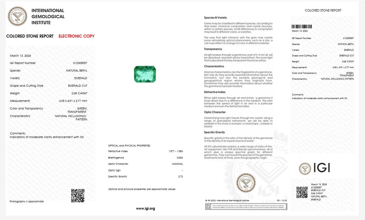 IGI Certified Natural Emerald | 0.68 Carat Emerald Cut | Elegant Fine Gemstone-Saleh Sallom