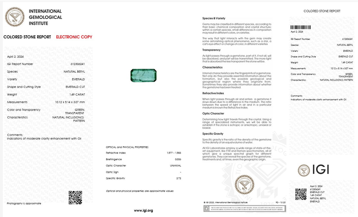 IGI Certified Natural Emerald | 1.49 Carats Emerald Cut | Elegant Fine Gemstone-Saleh Sallom