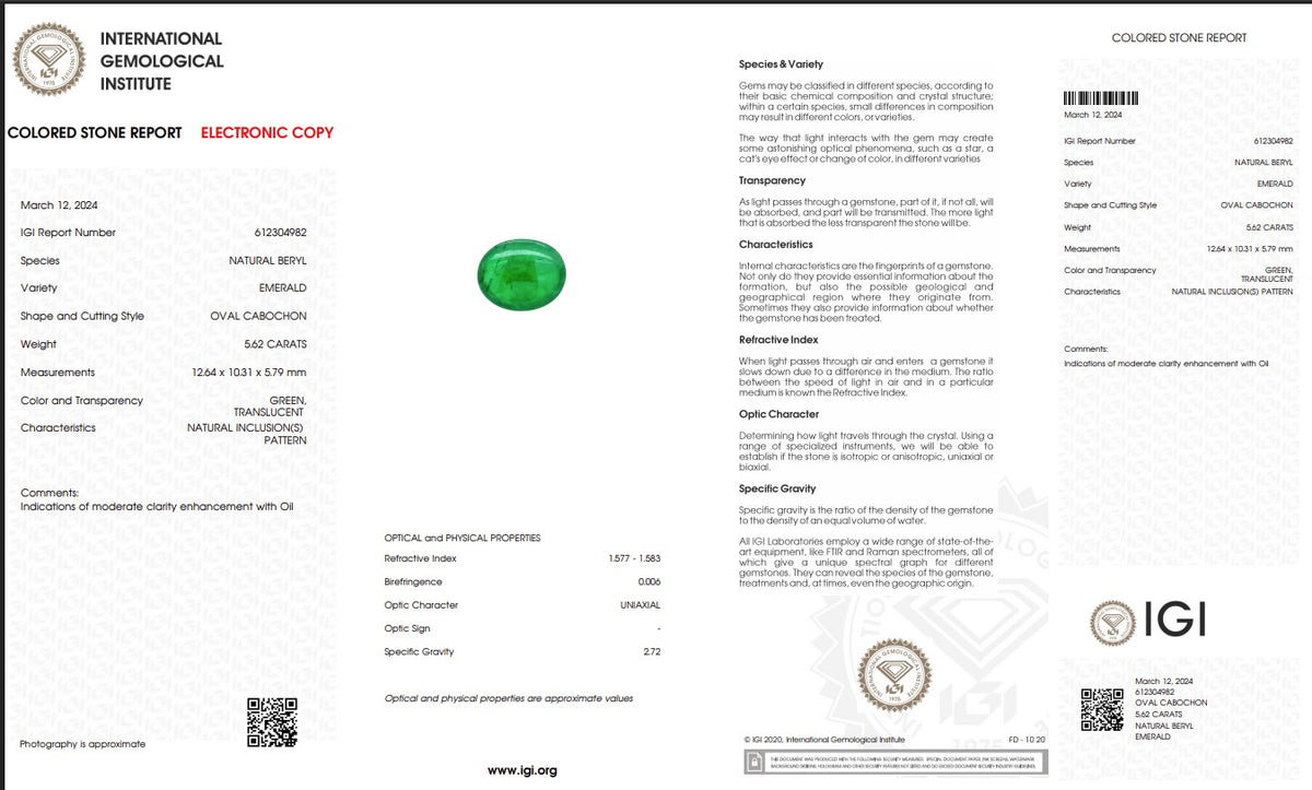 IGI Certified Natural Emerald Cabochon | 5.62 Carats | Rich Green Collector Gemstone-Saleh Sallom