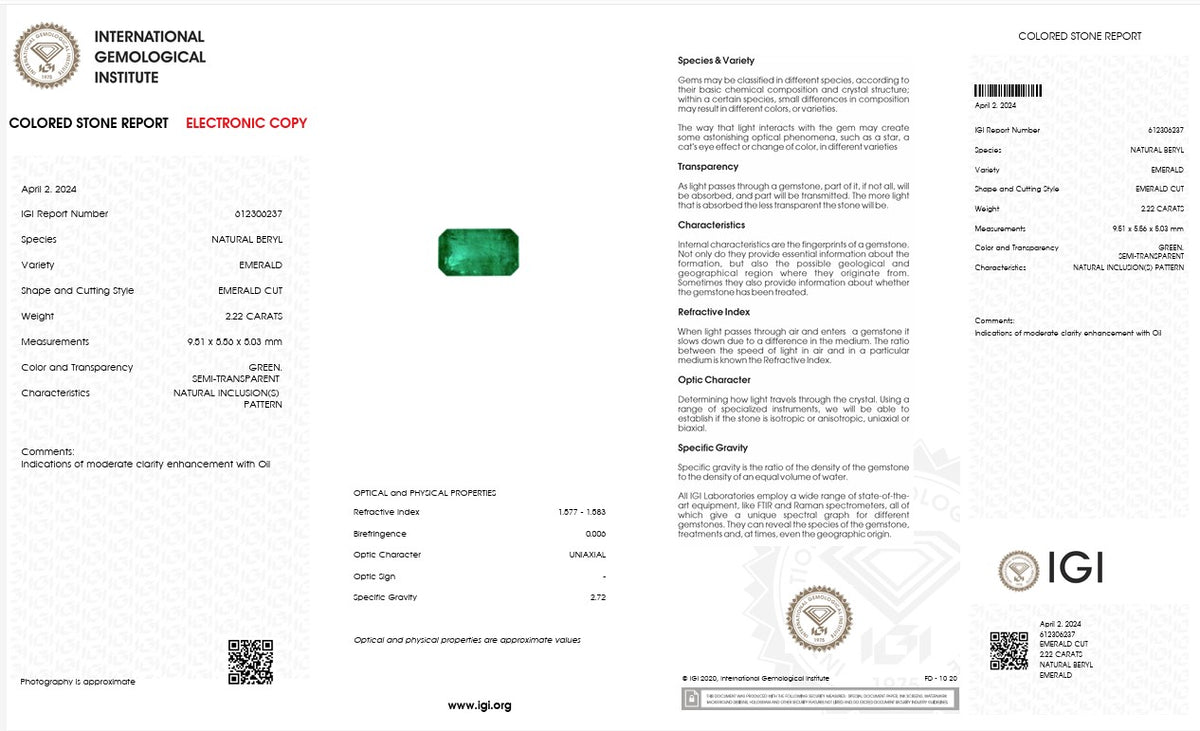 IGI Certified Natural Emerald | 2.22 Carats Emerald Cut | Rich Green Fine Gemstone-Saleh Sallom