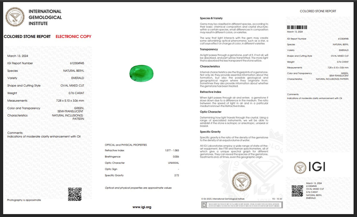 IGI Certified Natural Emerald | 0.76 Carat Oval Mixed Cut | Elegant Green Fine Gemstone-Saleh Sallom