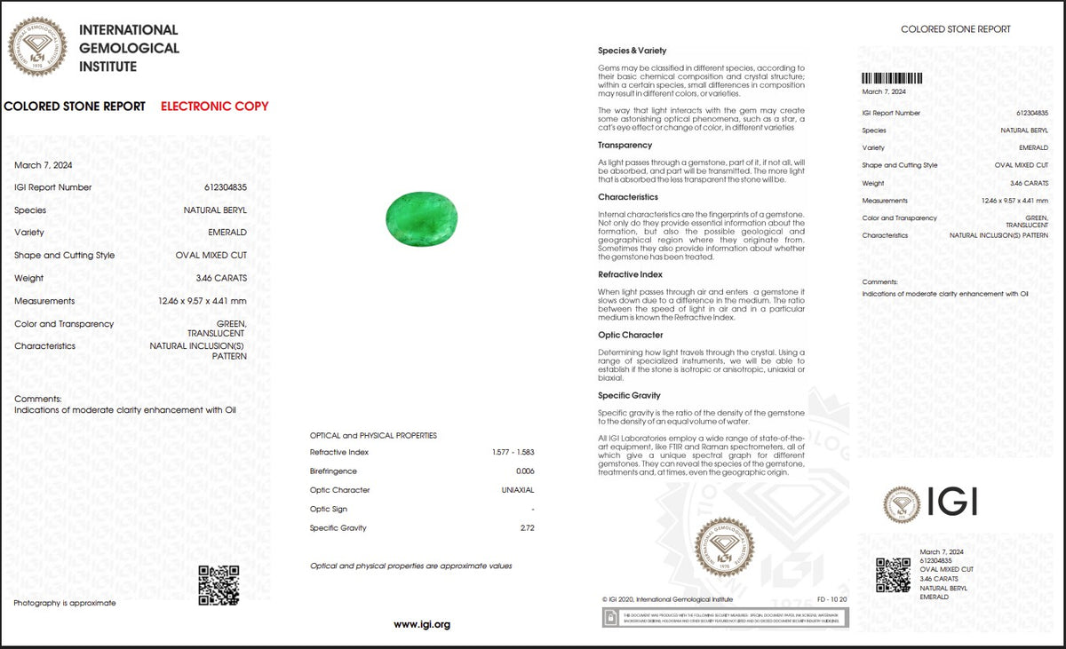 IGI Certified Natural Emerald | 3.46 Carats Oval Mixed Cut | Rich Green Collector Gemstone-Saleh Sallom