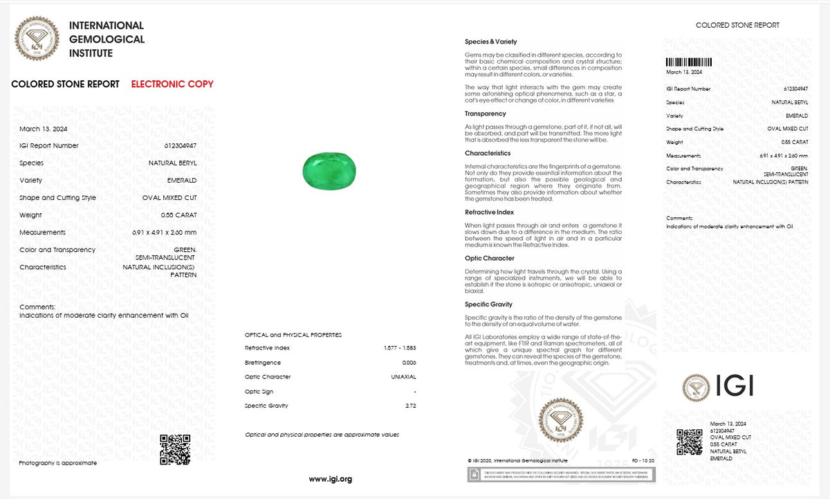 IGI Certified Natural Emerald | 0.55 Carat Oval Mixed Cut | Elegant Green Fine Gemstone-Saleh Sallom