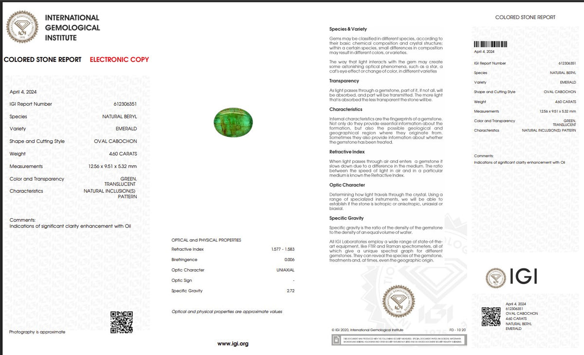 IGI Certified Natural Emerald Cabochon | 4.60 Carats | Rich Green Collector Gemstone-Saleh Sallom