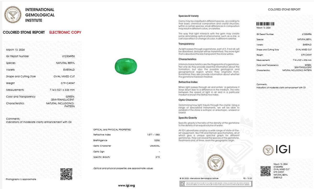 IGI Certified Natural Emerald | 0.79 Carat Oval Mixed Cut | Elegant Green Fine Gemstone-Saleh Sallom