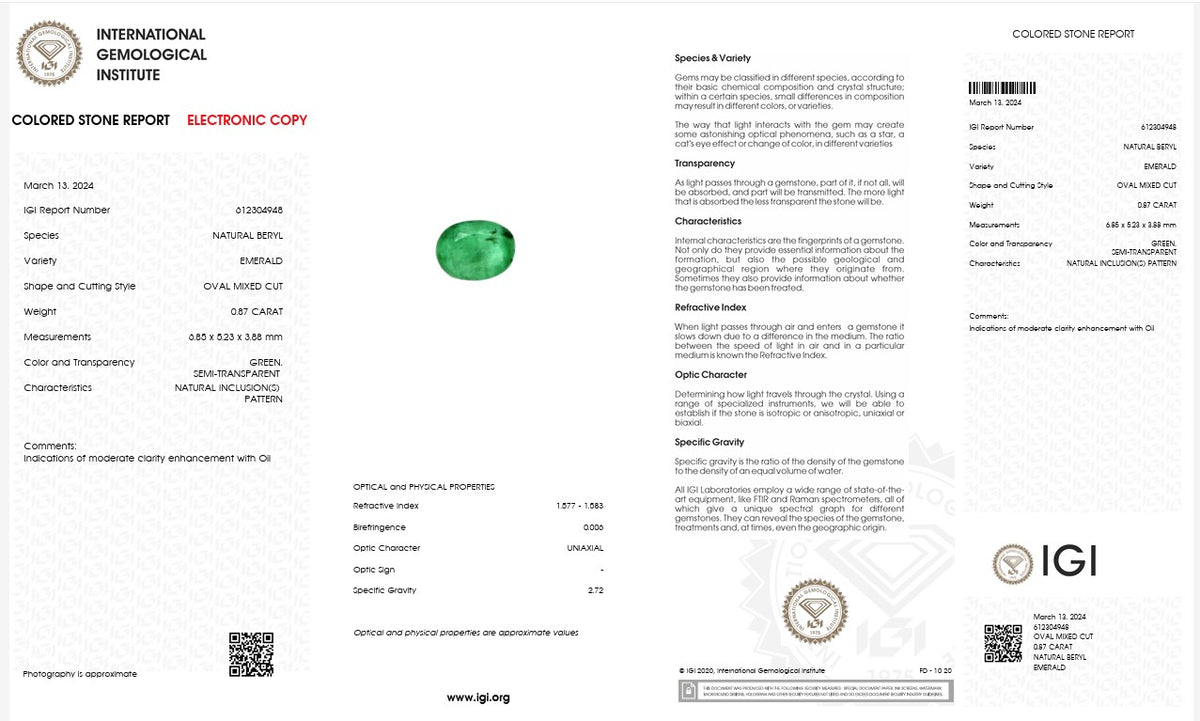 IGI Certified Natural Emerald | 0.87 Carat Oval Mixed Cut | Elegant Green Fine Gemstone-Saleh Sallom