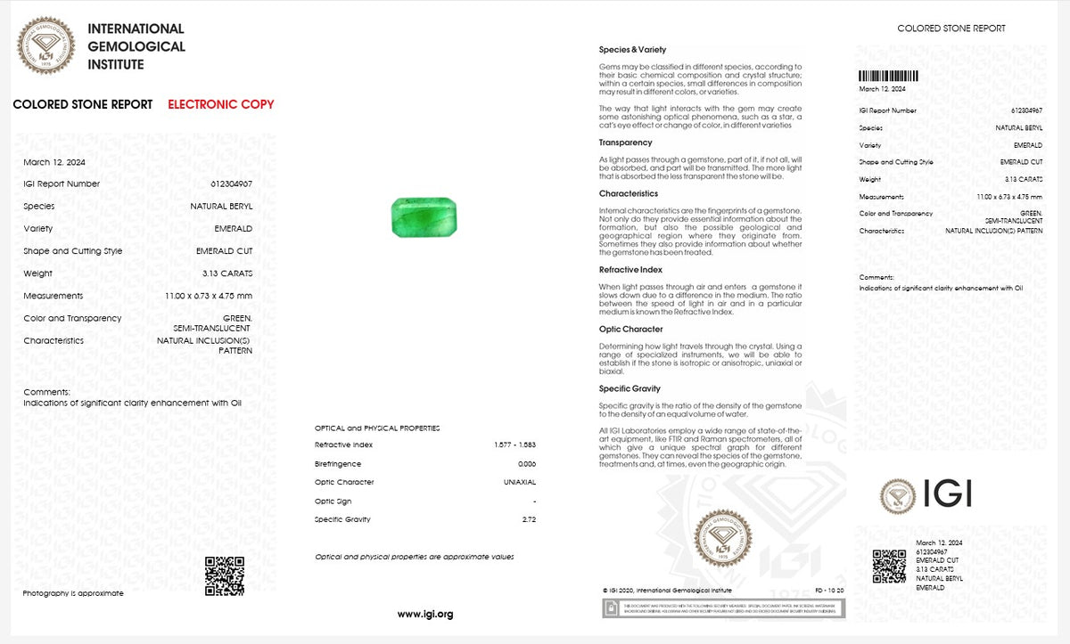 IGI Certified Natural Emerald | 3.13 Carats Emerald Cut | Rich Green Collector Gemstone-Saleh Sallom