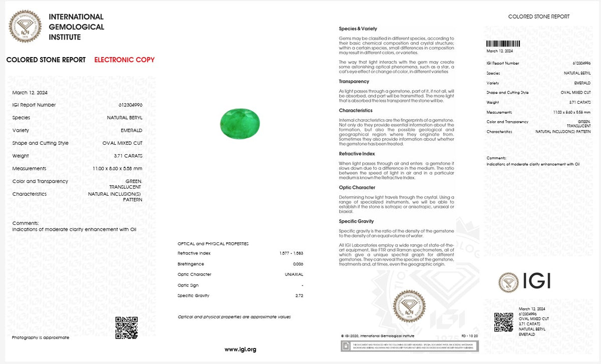 IGI Certified Natural Emerald | 3.71 Carats Oval Mixed Cut | Rich Green Collector Gemstone-Saleh Sallom