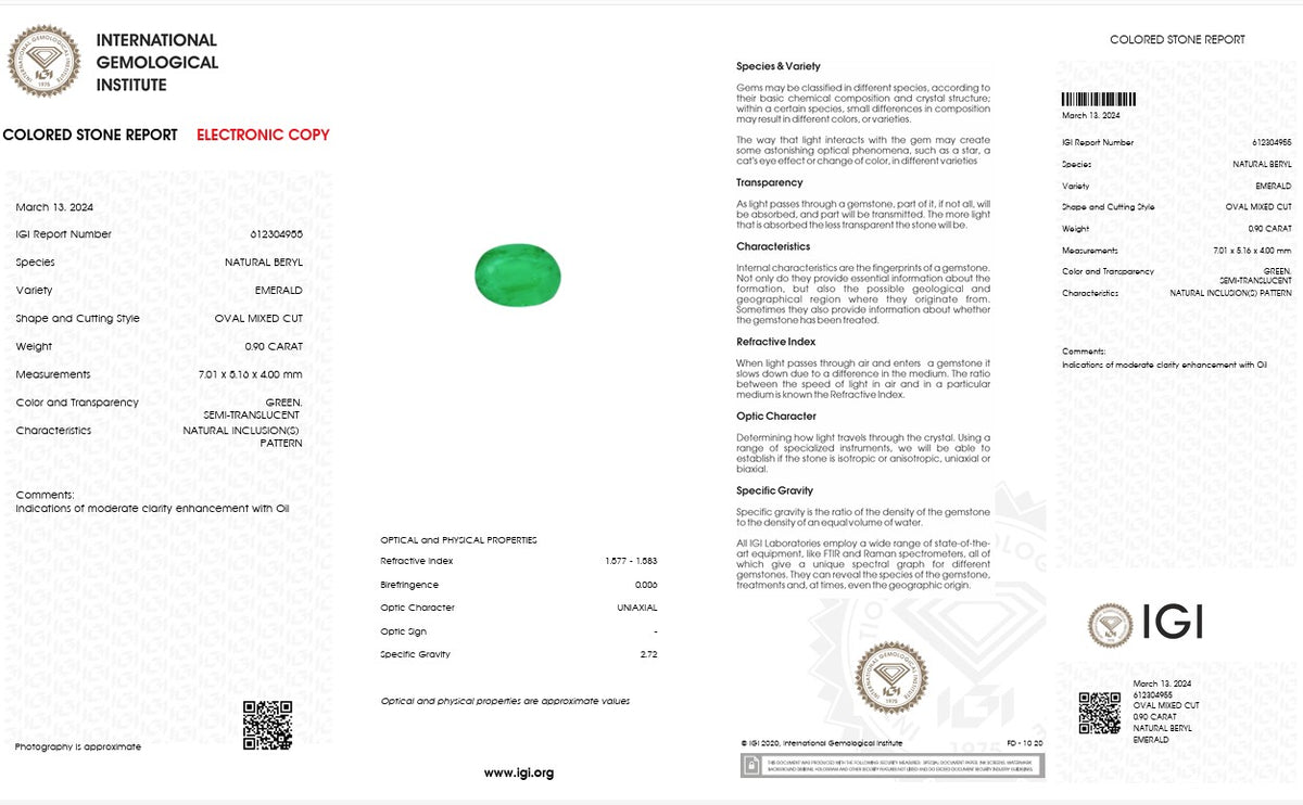 IGI Certified Natural Emerald | 0.90 Carat Oval Mixed Cut | Elegant Green Fine Gemstone-Saleh Sallom