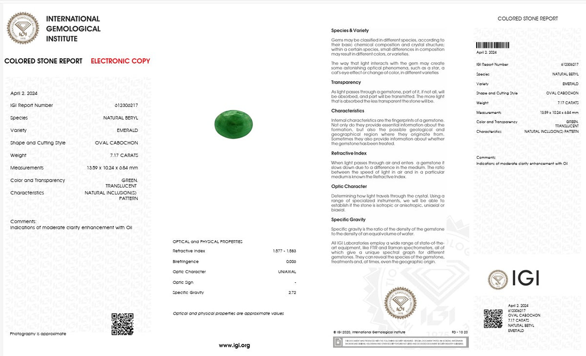 IGI Certified Natural Emerald Cabochon | 7.17 Carats | Rich Green Collector Gemstone-Saleh Sallom