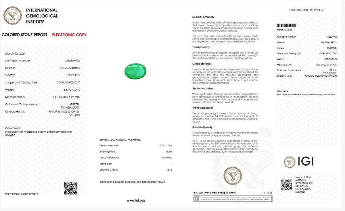 IGI Certified Natural Emerald | 3.89 Carats Oval Mixed Cut | Rich Green Collector Gemstone-Saleh Sallom