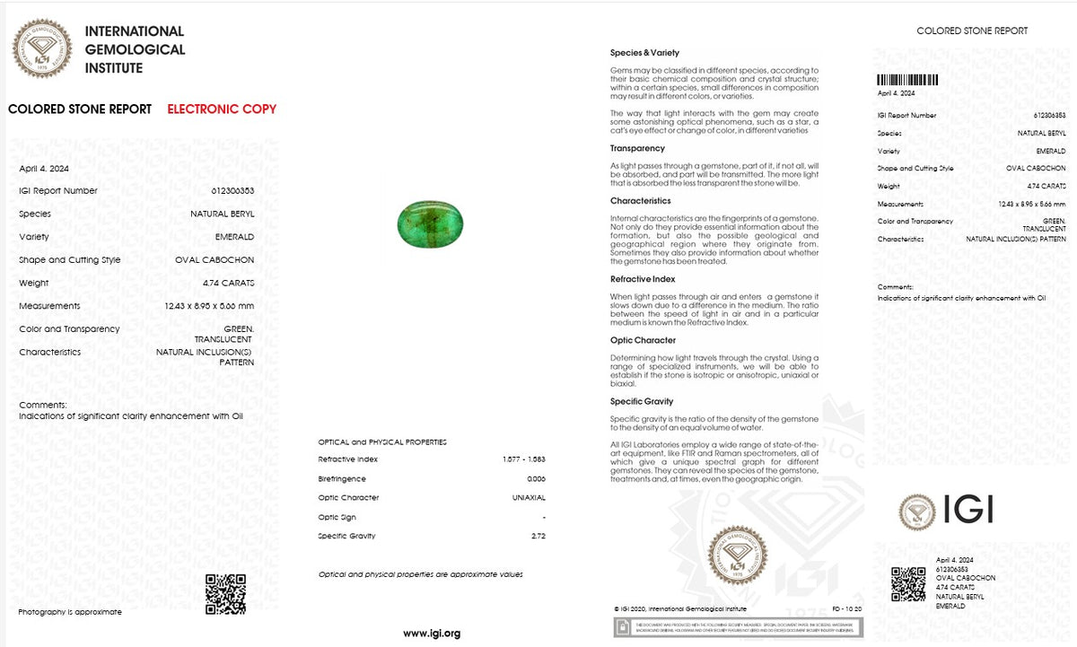 IGI Certified Natural Emerald Cabochon | 4.74 Carats | Rich Green Collector Gemstone-Saleh Sallom