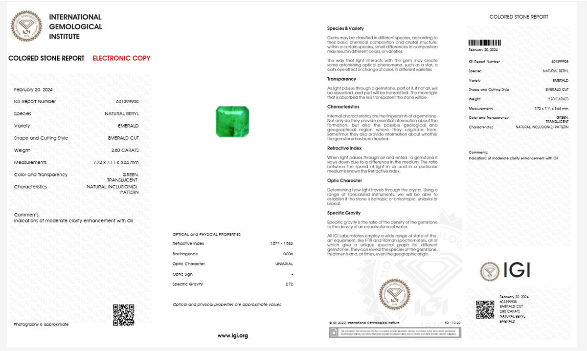 IGI Certified Natural Emerald | 2.80 Carats Emerald Cut | Fine Green Collector Gemstone-Saleh Sallom