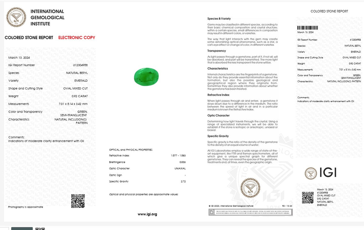 IGI Certified Natural Emerald | 0.92 Carats Oval Mixed Cut | Fine Green Collector Gemstone-Saleh Sallom