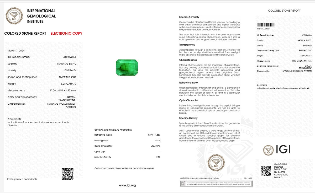 IGI Certified Natural Emerald | 3.24 Carats Emerald Cut | Fine Green Collector Gemstone-Saleh Sallom