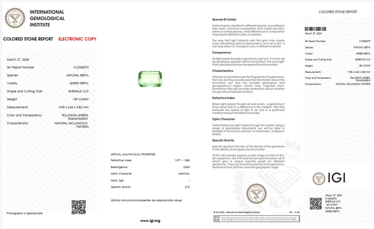 IGI Certified Natural Green Beryl | 1.89 Carats Emerald Cut | Rare Yellowish Green Collector Gemstone-Saleh Sallom