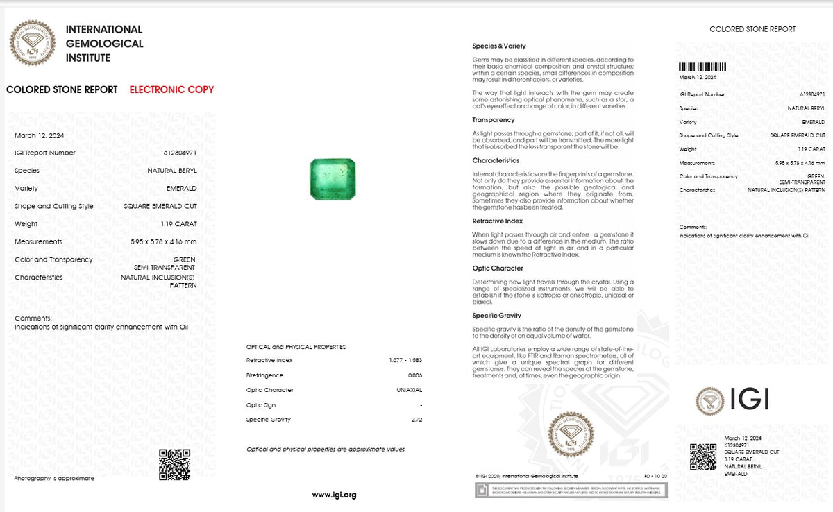 IGI Certified Natural Emerald | 1.19 Carats Square Emerald Cut | Fine Green Collector Gemstone-Saleh Sallom