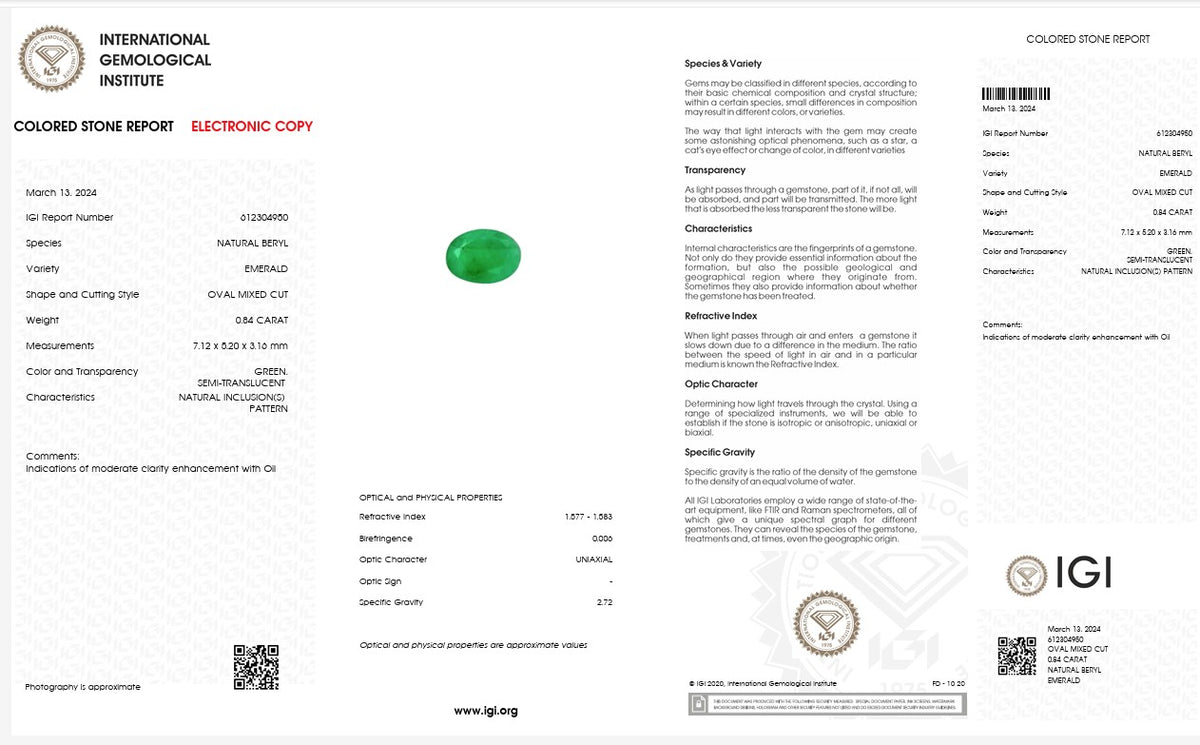 IGI Certified Natural Emerald | 0.84 Carat Oval Mixed Cut | Fine Green Collector Gemstone-Saleh Sallom