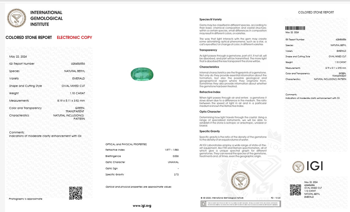 IGI Certified Natural Emerald | 1.10 Carat Oval Mixed Cut | Fine Green Collector Gemstone-Saleh Sallom