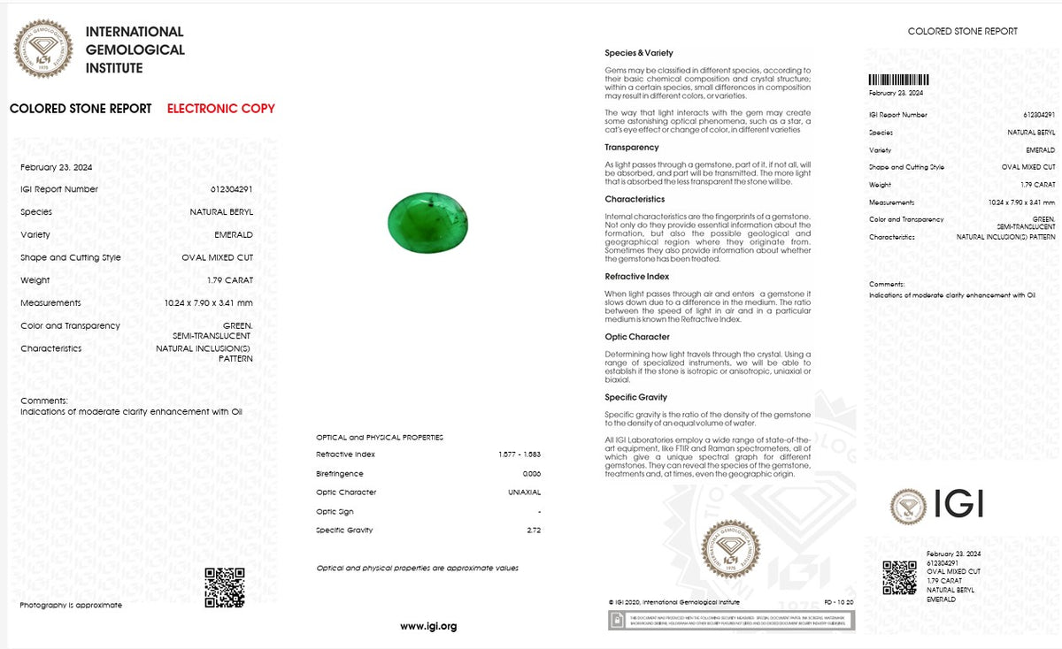 IGI Certified Natural Emerald | 1.79 Carats Oval Mixed Cut | Fine Green Collector Gemstone-Saleh Sallom