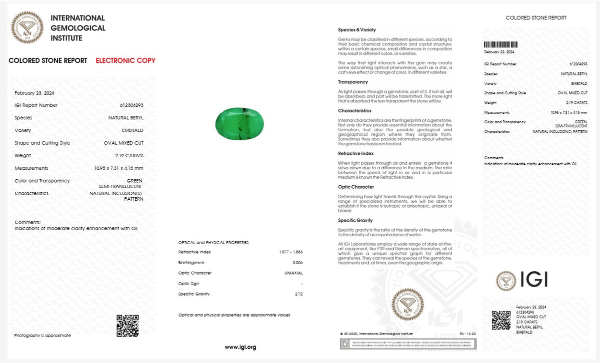 IGI Certified Natural Emerald | 2.19 Carats Oval Mixed Cut | Fine Semi-Translucent Green Gemstone-Saleh Sallom