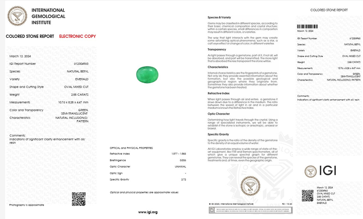 IGI Certified Natural Emerald | 2.88 Carats Oval Mixed Cut | Fine Semi-Translucent Green Gemstone-Saleh Sallom