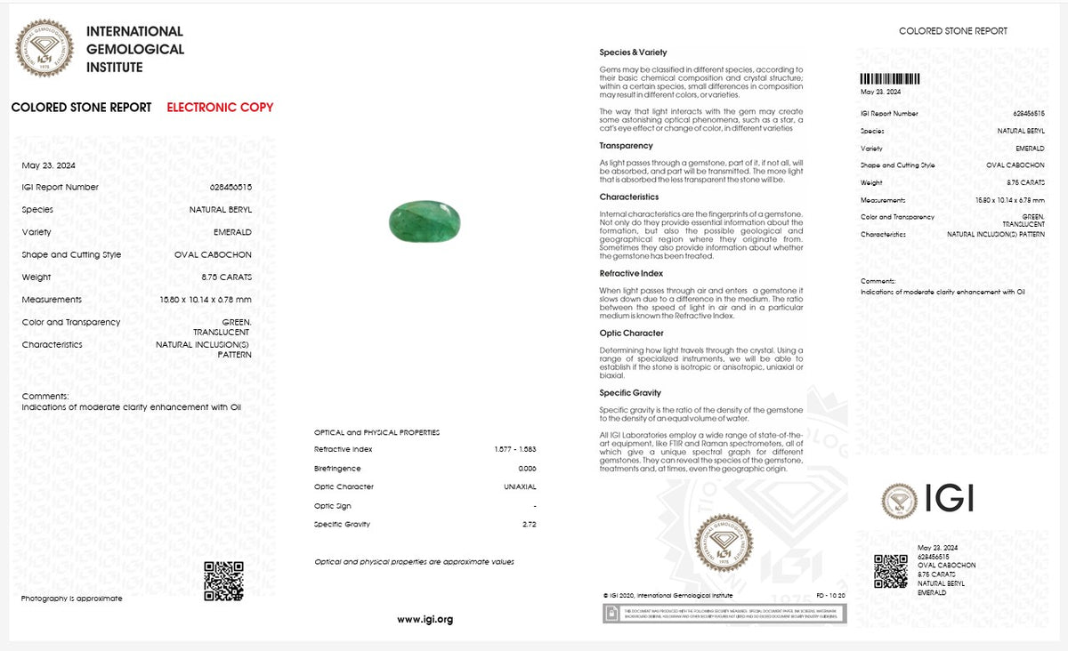 IGI Certified Natural Emerald | 8.75 Carats Oval Cabochon | Fine Translucent Green Gemstone-Saleh Sallom
