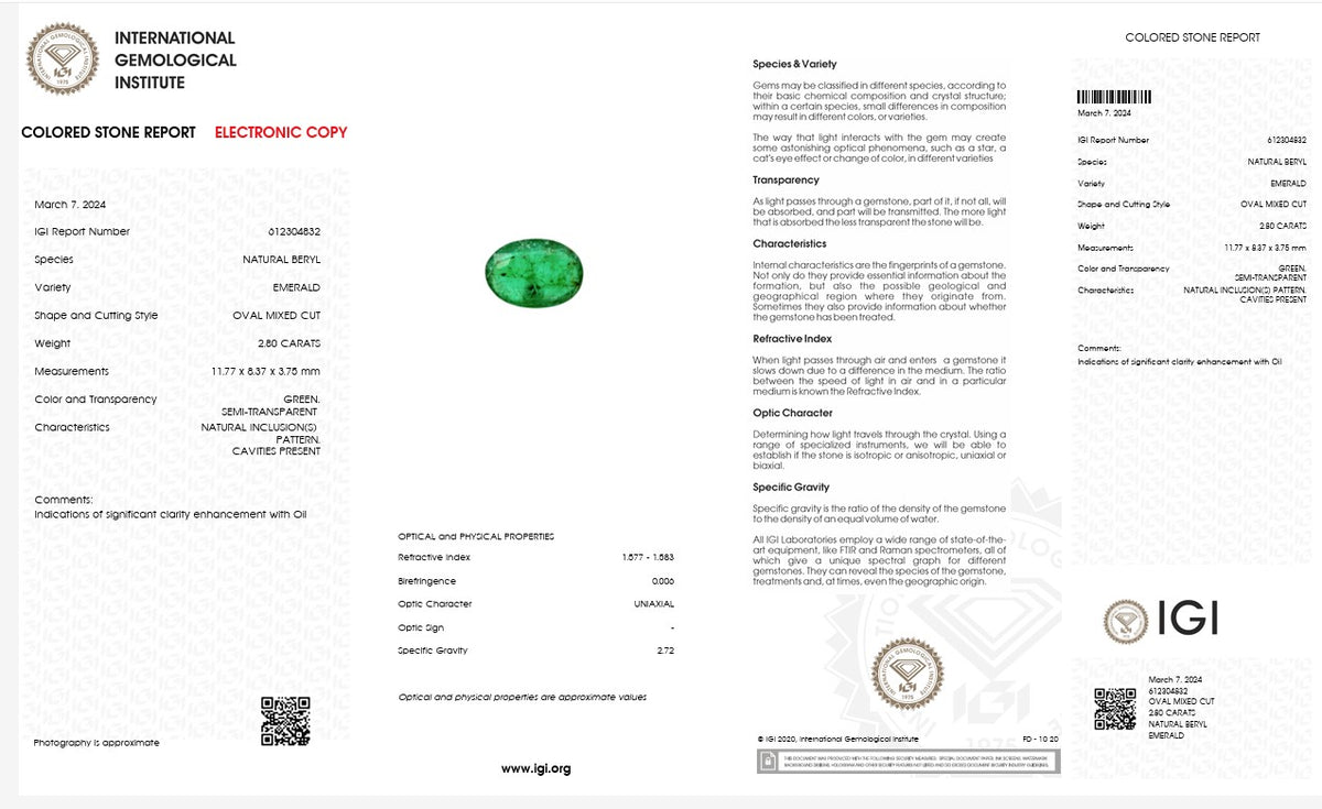 IGI Certified Natural Emerald | 2.80 Carats Oval Mixed Cut | Fine Semi-Transparent Green Gemstone-Saleh Sallom