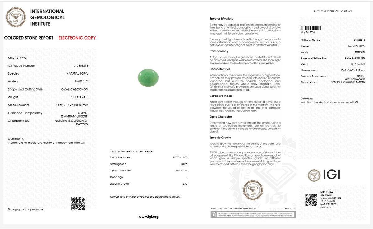 IGI Certified Natural Emerald | 13.17 Carats Oval Cabochon | Fine Semi-Translucent Green Gemstone-Saleh Sallom