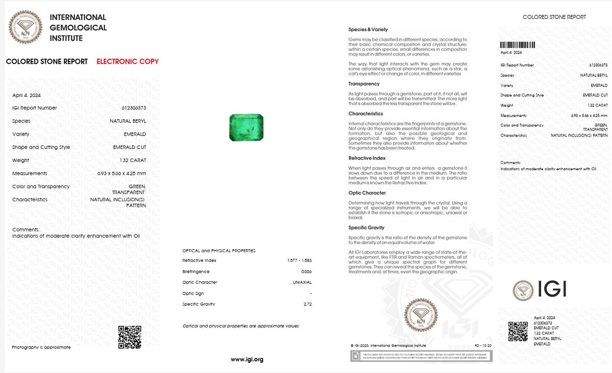 IGI Certified Natural Emerald | 1.32 Carats Emerald Cut | Fine Transparent Green Gemstone-Saleh Sallom