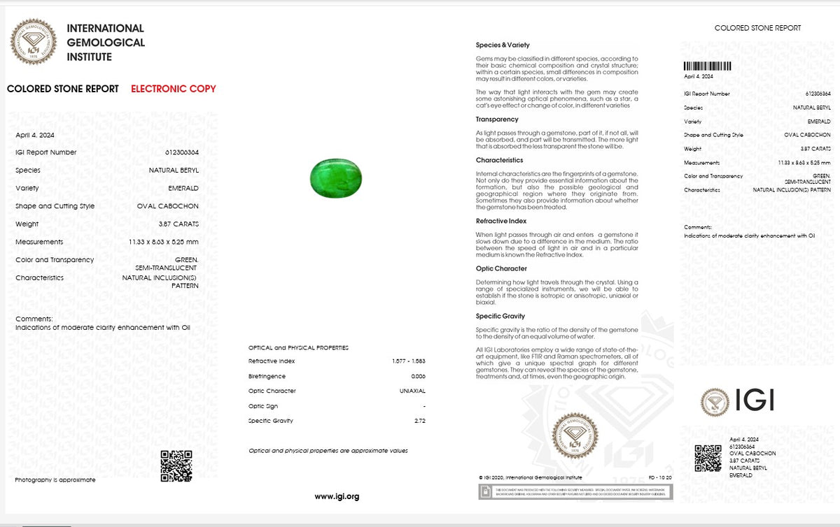 IGI Certified Natural Emerald | 3.87 Carats Oval Cabochon | Fine Semi-Translucent Green Gemstone-Saleh Sallom