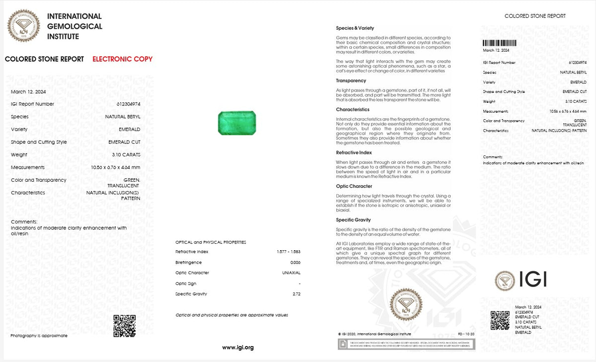 IGI Certified Natural Emerald | 3.10 Carats Emerald Cut | Fine Green Gemstone-Saleh Sallom
