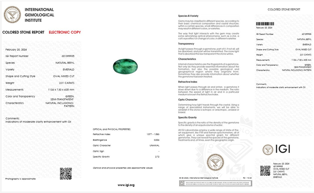 IGI Certified Natural Emerald | 2.31 Carats Oval Mixed Cut | Fine Green Gemstone-Saleh Sallom