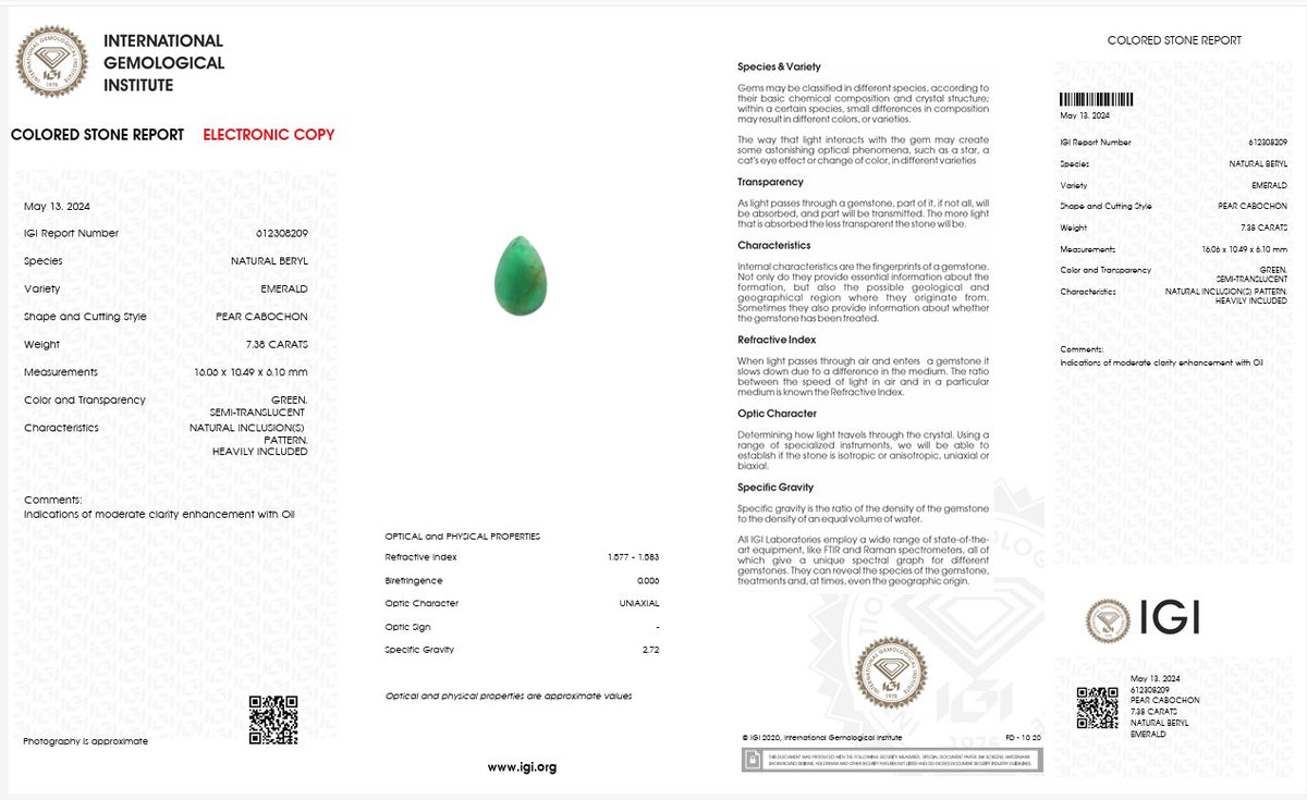 IGI Certified Natural Emerald | 7.38 Carats Pear Cabochon | Collector Green Gemstone-Saleh Sallom