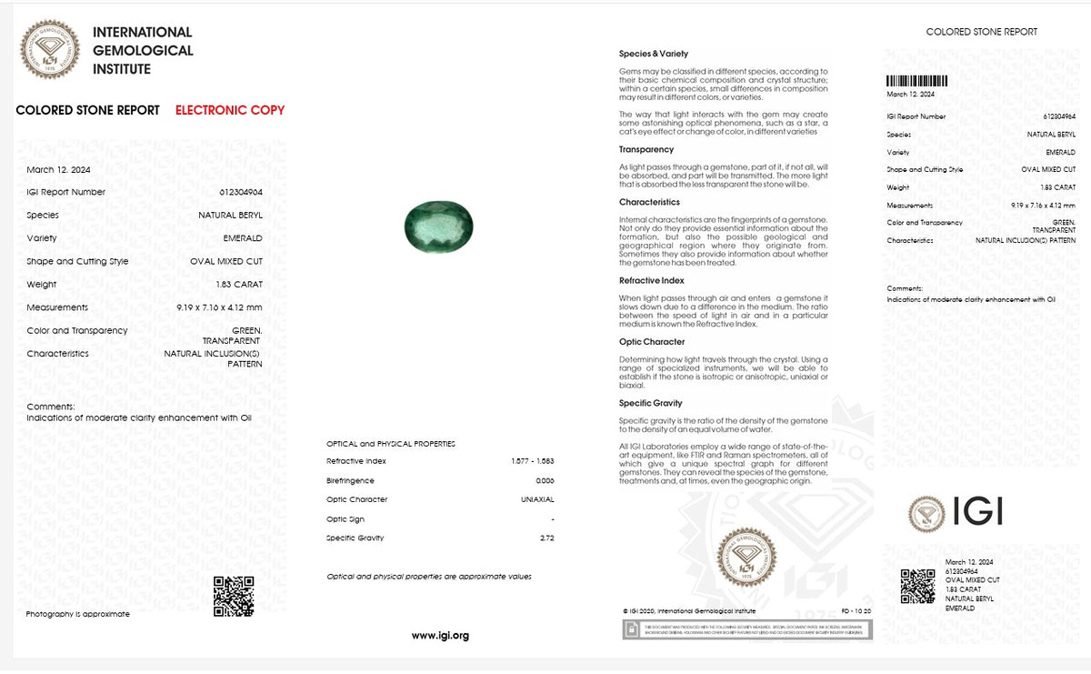IGI Certified Natural Emerald | 1.83 Carats Oval Mixed Cut | Fine Green Gemstone-Saleh Sallom