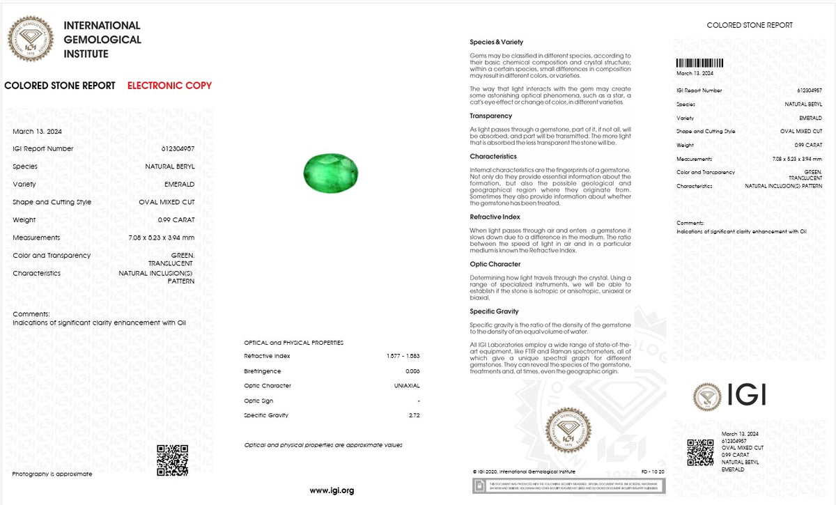 IGI Certified Natural Emerald | 0.99 Carat Oval Mixed Cut | Fine Green Gemstone-Saleh Sallom