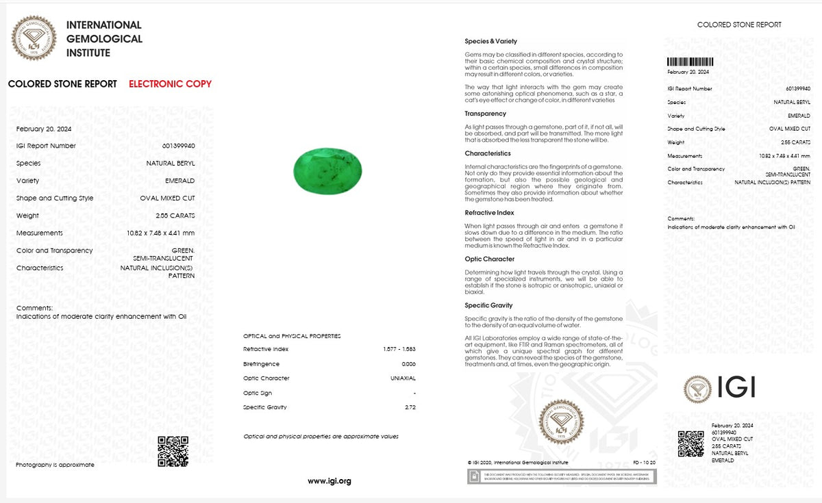 IGI Certified Natural Emerald | 2.55 Carats Oval Mixed Cut | Fine Green Gemstone-Saleh Sallom