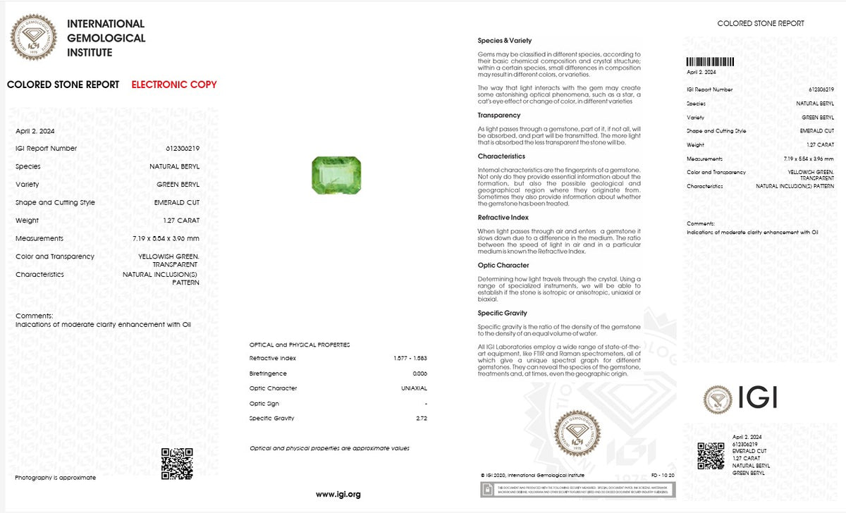 IGI Certified Natural Green Beryl | 1.27 Carats Emerald Cut | Fine Yellowish Green Gemstone-Saleh Sallom