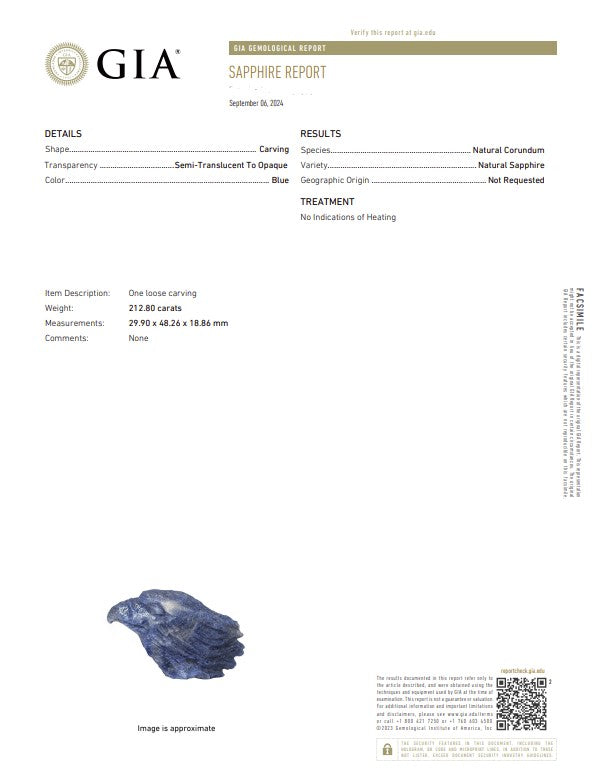 212.80 Ct Natural Blue Sapphire Eagle Carving – GIA Certified Unheated Sapphire Sculpture