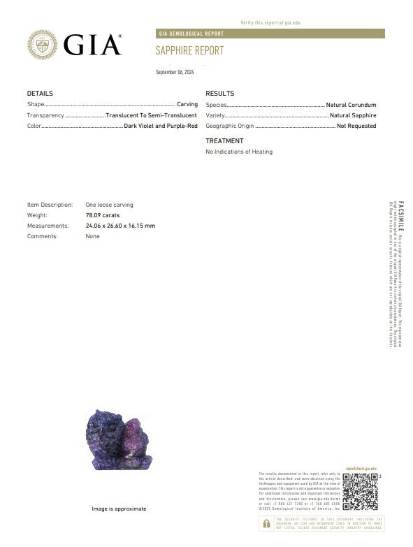 78.09 Ct Natural Unheated Purple Sapphire Carving – GIA Certified Natural Corundum Sculpture