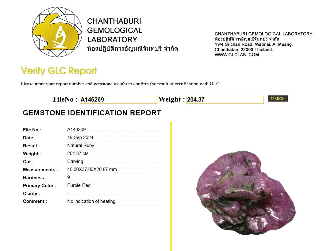 204.37 Ct Natural Unheated Ruby Carving | Certified Purple-Red Ruby Sculpture | Collector Gemstone Artwork