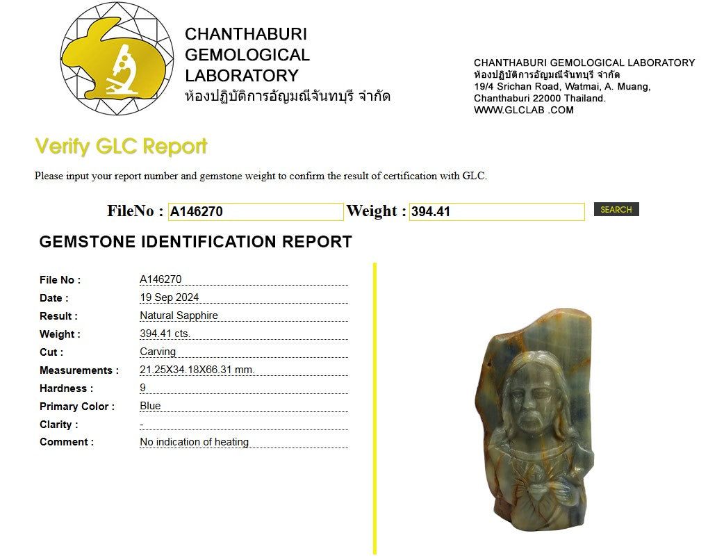 394.41 Ct Natural Unheated Sapphire Religious Carving | Certified Blue Sapphire Sculpture | Collector Gemstone Artwork