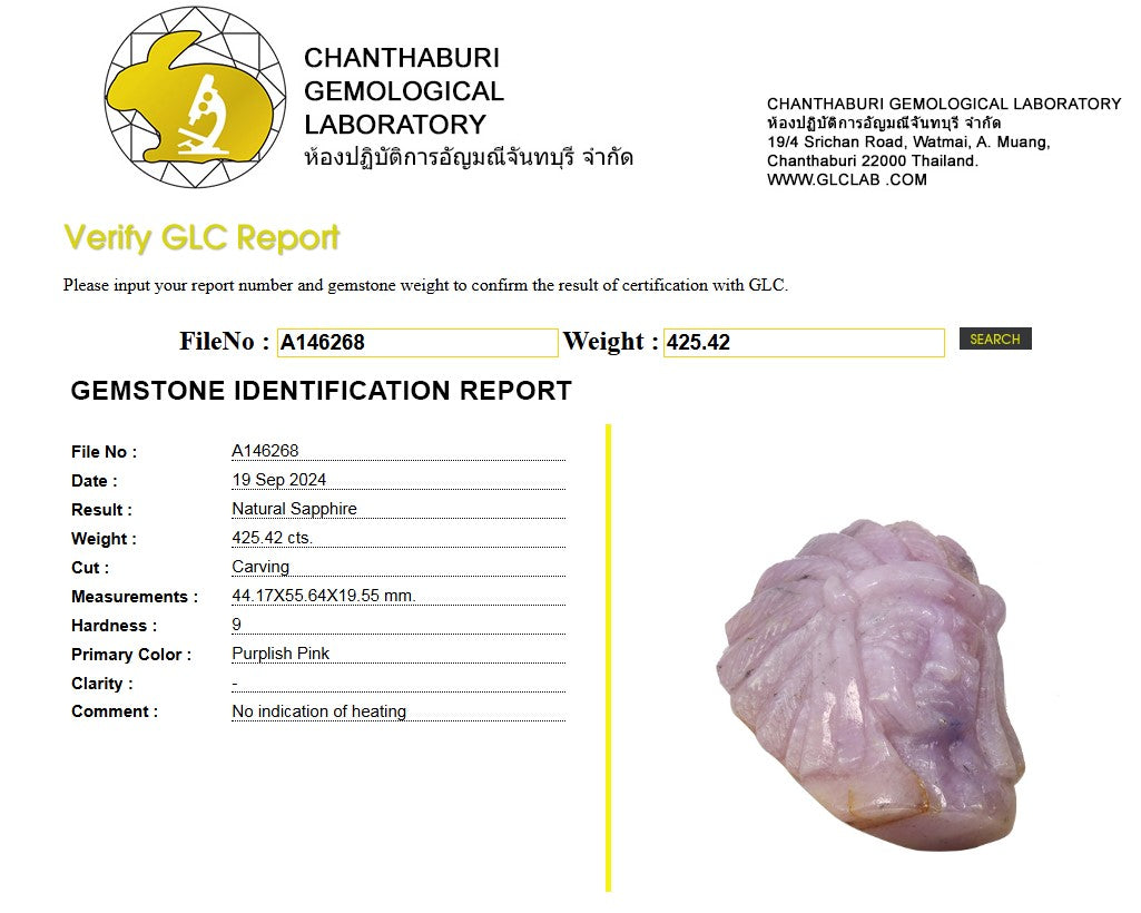 425.42 Ct Natural Unheated Pink Sapphire Lion Carving | Certified Purplish Pink Sapphire Sculpture | Collector Gemstone Artwork