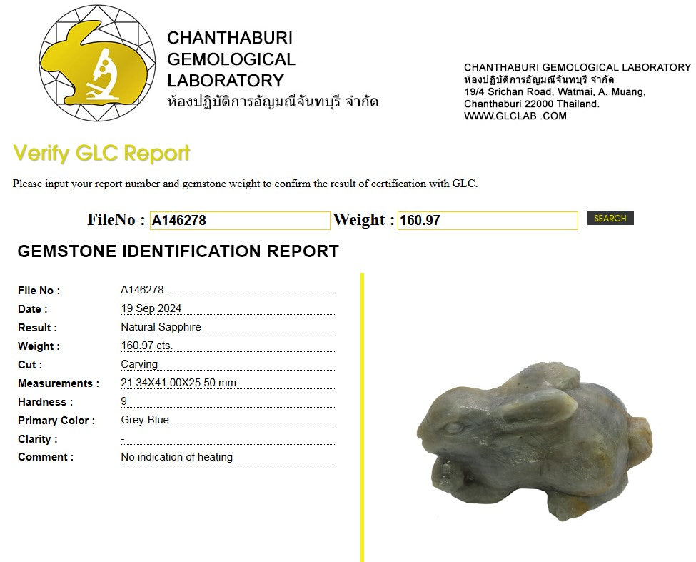 160.97 Ct Natural Unheated Grey-Blue Sapphire Rabbit Carving | Certified Sapphire Sculpture | Collector Gemstone Artwork