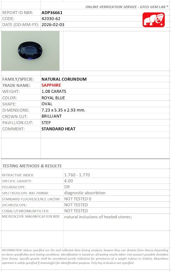 1.08 Ct Natural Royal Blue Sapphire | Heated | Oval Cut Sapphire | GFCO Certified-Saleh Sallom