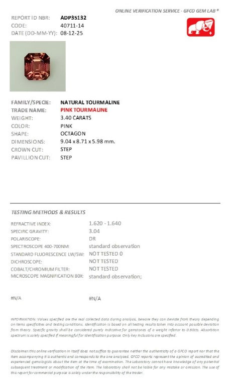 3.40 Ct Natural Pink Tourmaline | Octagon Step Cut | GFCO Certified Pink Tourmaline-Saleh Sallom
